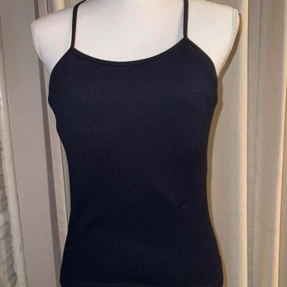 Laslulu Black Ribbed Cami Tank Top Size XL Fitted Spaghetti Strap Basic